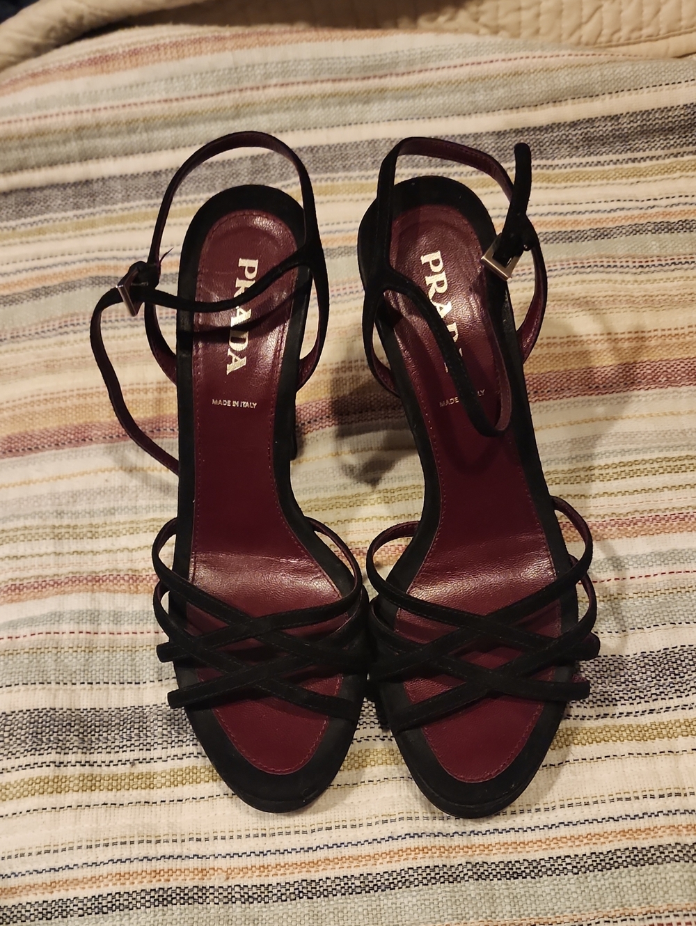 Prada Black Strappy Open-Toe Heels with Burgundy Insole *Needs Heel Fixed*